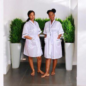 Dubis White with Black Trim Women Bride, Bridesmaids Robe Satin Gown.